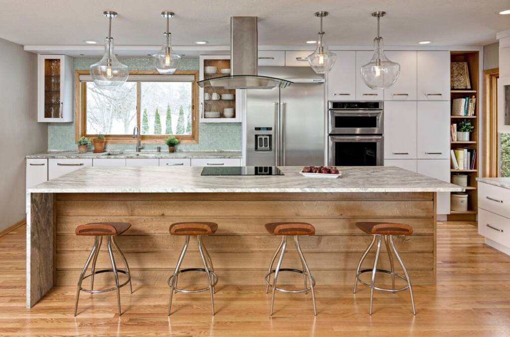 contemporary kitchen with shiplap center island