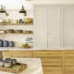 Kitchen with white painted and natural wood cabinets with open shelves